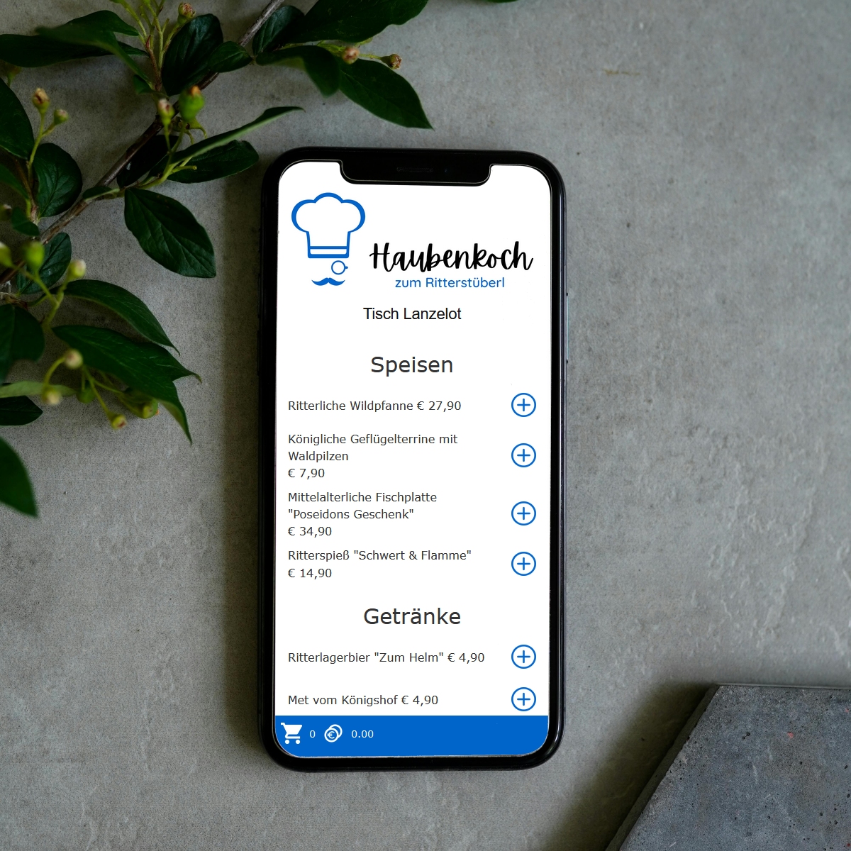 Der Startscreen zeigt die digitale Speisekarte des Restaurants. Sie können jetzt ihre Speisen und Getränke wählen